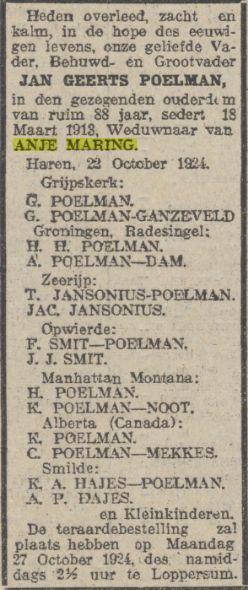 overlijdensadvertentie jan geerts poelman in 1924.